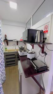 eine Küche mit einer Arbeitsplatte und einer Mikrowelle in der Unterkunft AHAVAH in Trou dʼ Eau Douce