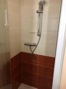 La salle de bains est pourvue d'une douche avec un tuyau. dans l'établissement Le Chalet du Bucheron, à Gérardmer