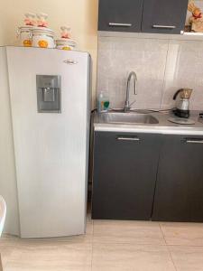 a kitchen with a white refrigerator and a sink at A Bless Apartamento in Salento