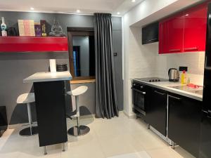een keuken met rode en zwarte kasten en een aanrecht bij APARTMENT 58 Unirii 75 H1 in Boekarest