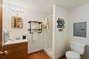 a bathroom with a toilet and a sink and a mirror at Shelter Cove Resort & Marina in Odell Lake