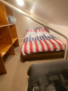 a bed with an american flag pillow in a room at Location montagne le Revard in Pugny-Chatenod