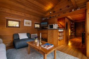 a living room with a couch and a table in a cabin at Mazot les Tines in Chamonix-Mont-Blanc
