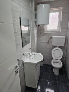 La petite salle de bains est pourvue de toilettes et d'un lavabo. dans l'établissement Akvarius, à Niš