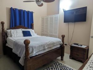 um quarto com uma cama e uma televisão de ecrã plano em La Palmera em Saint Annʼs Bay