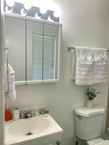 La salle de bains est pourvue d'un lavabo, de toilettes et d'un miroir. dans l'établissement Cozy 1 Br Apartment in Long Beach MS Jm3, à Long Beach