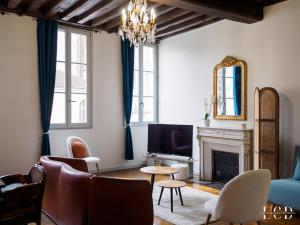sala de estar con TV y chimenea en Au roi lion, place Saint Michel, en Dijon