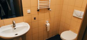 a bathroom with a sink and a toilet at Zaciszne pokoje in Warsaw
