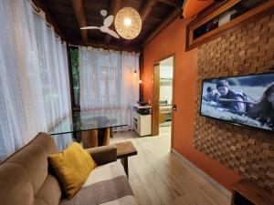 a living room with a couch and a tv on a wall at Maresias Beach Home - Mata Azul in Maresias