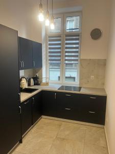 a kitchen with black cabinets and a sink and a window at Comfort Center in Bytom