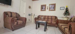 een woonkamer met 3 stoelen en een kerstboom bij Alojamiento Villa Jardin 