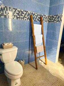 uma casa de banho com WC e uma parede de azulejos azuis em Casa Mael - Apartment with fast wifi em Holbox