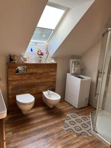 a attic bathroom with a toilet and a shower at Jaworzynka Nad Jeziorem in Ostaszewo