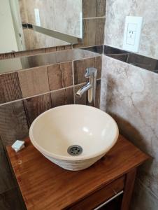 a bathroom with a white sink on a wooden counter at Depto Civora 1 in Villa Regina