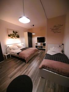 a bedroom with two beds and a flat screen tv at apartma Vila TARA in Prebold