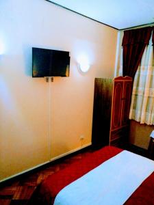 ein Hotelzimmer mit einem Bett und einem Flachbild-TV in der Unterkunft the scandinavian in Valparaíso
