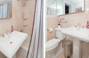 two pictures of a bathroom with a sink and a toilet at Modern 3BR Apartment in NYC in New York