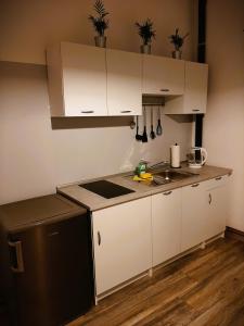 una pequeña cocina con armarios blancos y fregadero en apartma Vila TARA, en Prebold
