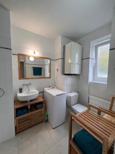 a bathroom with a sink and a toilet and a mirror at Izba “Jakub” in Martin