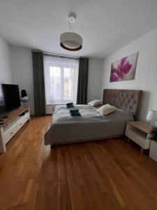 um quarto com uma cama grande e piso em madeira em Izba “Jakub” em Martin