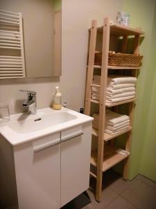 ein Badezimmer mit einem Waschbecken und einem Regal mit Handtüchern in der Unterkunft apartma Vila TARA in Prebold