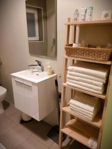 baño con lavabo y estante con toallas en apartma Vila TARA, en Prebold