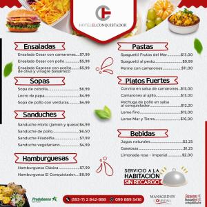 um menu para um restaurante com comida em Hotel El Conquistador em Cuenca