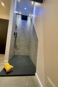 ein Badezimmer mit einer Dusche und einem gelben Kissen auf dem Boden in der Unterkunft Loft dans chaumière pour 6 personnes à SaintAndré in Saint-André-des-Eaux