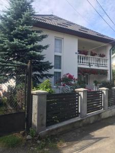 une maison blanche avec une clôture en bois devant elle dans l'établissement Pensiunea Grapini, à Şanţ