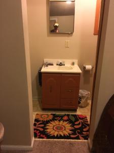 a bathroom with a sink and a mirror and a rug at Silver Valley Getaway in Kellogg