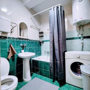 ノヴィサドにあるWicker Park Apartment Novi Sadの緑と白のバスルーム(トイレ、シンク付)