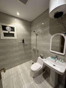 ein Bad mit einem WC, einem Waschbecken und einer Dusche in der Unterkunft غرفة وصالة بحي الربيع in Riad