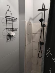 een badkamer met een douche en 2 manden aan de muur bij Skitnica C.Chaplin in Koprivnica
