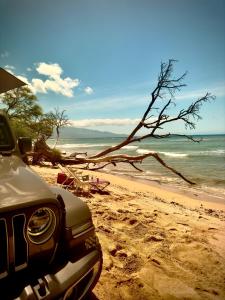 a car parked on a beach near the ocean at Explore Maui's diverse campgrounds and uncover the island's beauty from fresh perspectives every day as you journey with Aloha Glamp's great jeep equipped with a rooftop tent in Paia