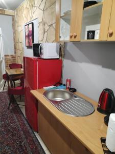 a kitchen with a sink and a red refrigerator at Skitnica Marilyn in Koprivnica
