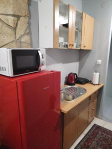 a small kitchen with a microwave on top of a red refrigerator at Skitnica Marilyn in Koprivnica