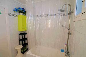 a bathroom with a shower with a plastic shower curtain at Apart 2 terrazas para 4 personas Bilbao centro in Bilbao