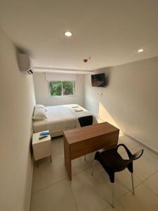 1 dormitorio con cama, escritorio y silla en Hermoso Loft en Asuncion E1 en Asunción