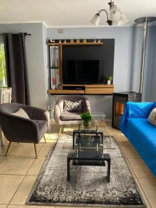 a living room with a couch and a tv at Hermosa casa a 10 minutos de Huilo Huilo in Choshuenco