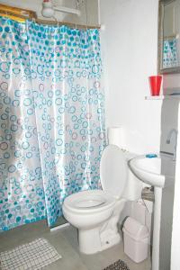 uma casa de banho com um WC e uma cortina de chuveiro em Mini Chalés Madeira Beach em Ubatuba