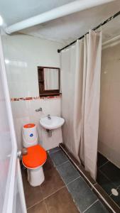 Baño pequeño con aseo y lavamanos en Hostel Stingray, en San Andrés