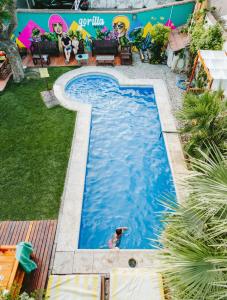 een persoon zwemt in een zwembad bij Gorilla Hostel in Mendoza