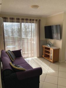 sala de estar con sofá y TV de pantalla plana en Windsurfer Resort, en Gold Coast