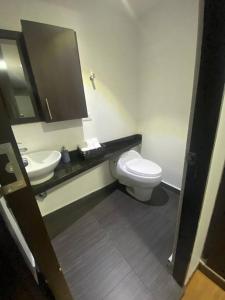 ein Badezimmer mit einem WC, einem Waschbecken und einem Spiegel in der Unterkunft Espectacular,Moderno y como apto, hasta 6 personas in Hojas Anchas