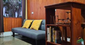 a blue couch with yellow pillows next to a book shelf at Cabaña Colibrí in Quesada