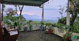 a balcony with potted plants and a view of mountains at Cabaña Colibrí in Quesada