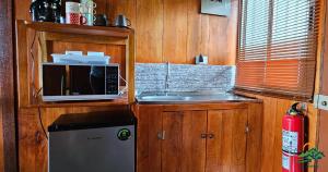 a kitchen with a sink and a microwave at Cabaña Colibrí in Quesada