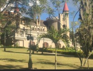 麥德林的住宿－Apartamento Buenos aires，一座城堡,在一座建筑前有棕榈树