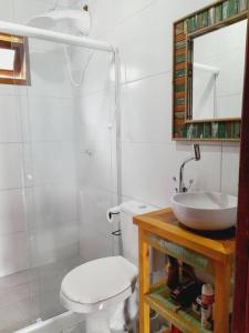 bagno con servizi igienici, lavandino e specchio di Casa da Cachoeira Siriú-SC a Garopaba