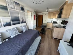 a living room with a bed and a kitchen at Departamento Royal Suite 2 Chillan - Centro - Factura - Empresa - Parking - wifi in Chillán